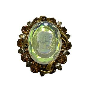 Mid Century Cameo Brooch | Hollywood Regency AB Glass Statement Pin